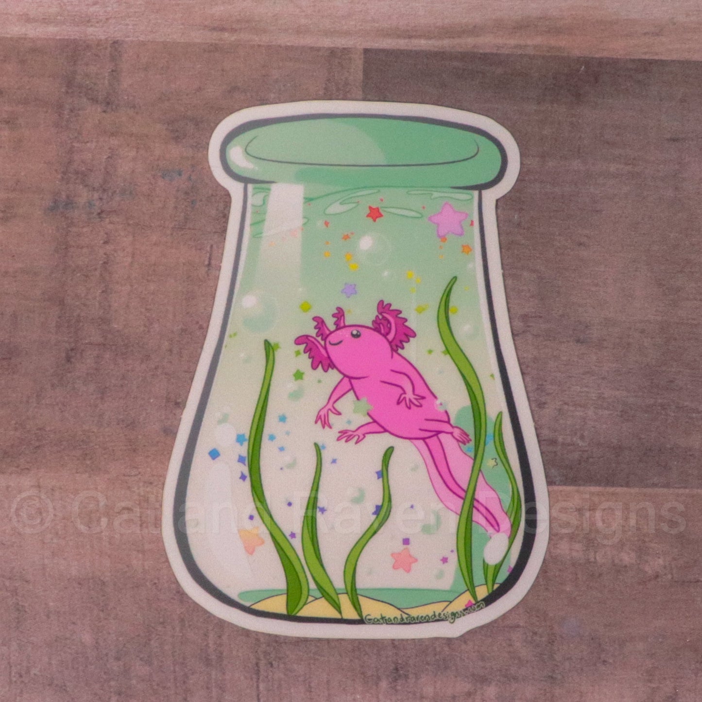 Bottle of Axolotl clear vinyl sticker Cat and Raven Designs Soap