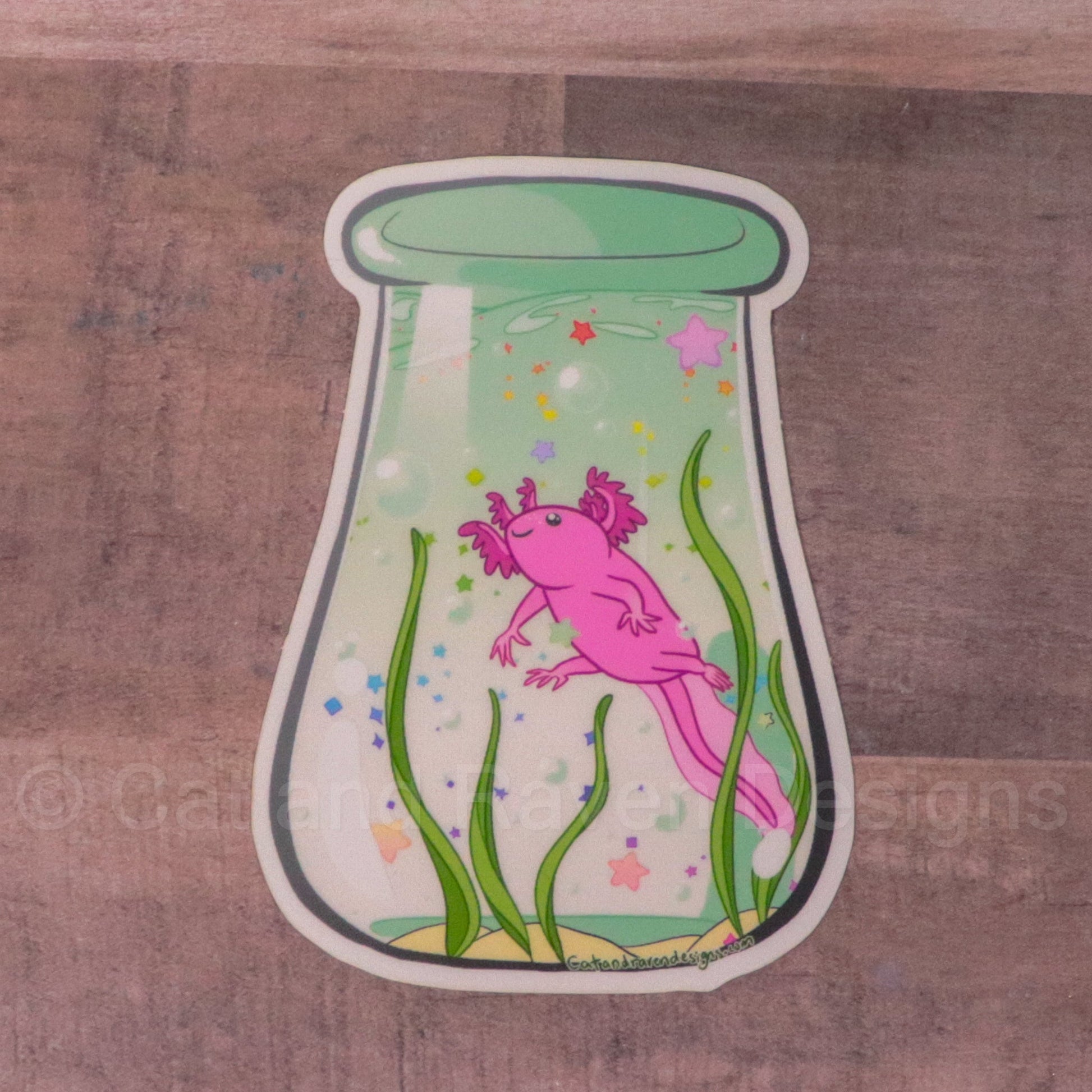 Bottle of Axolotl clear vinyl sticker Cat and Raven Designs Soap