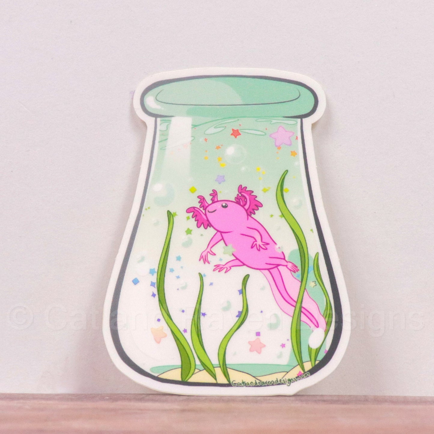 Bottle of Axolotl clear vinyl sticker Cat and Raven Designs Soap