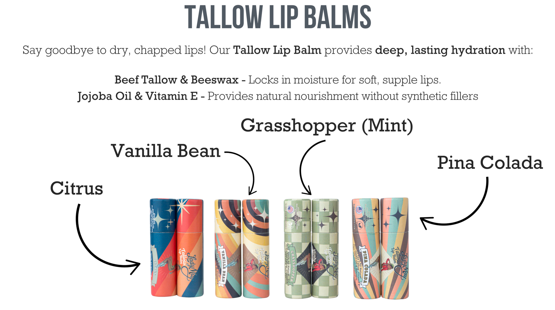 Tallow Lip Balm Multipack - Citrus, Vanilla, Mint, Pina Colada The Lady May