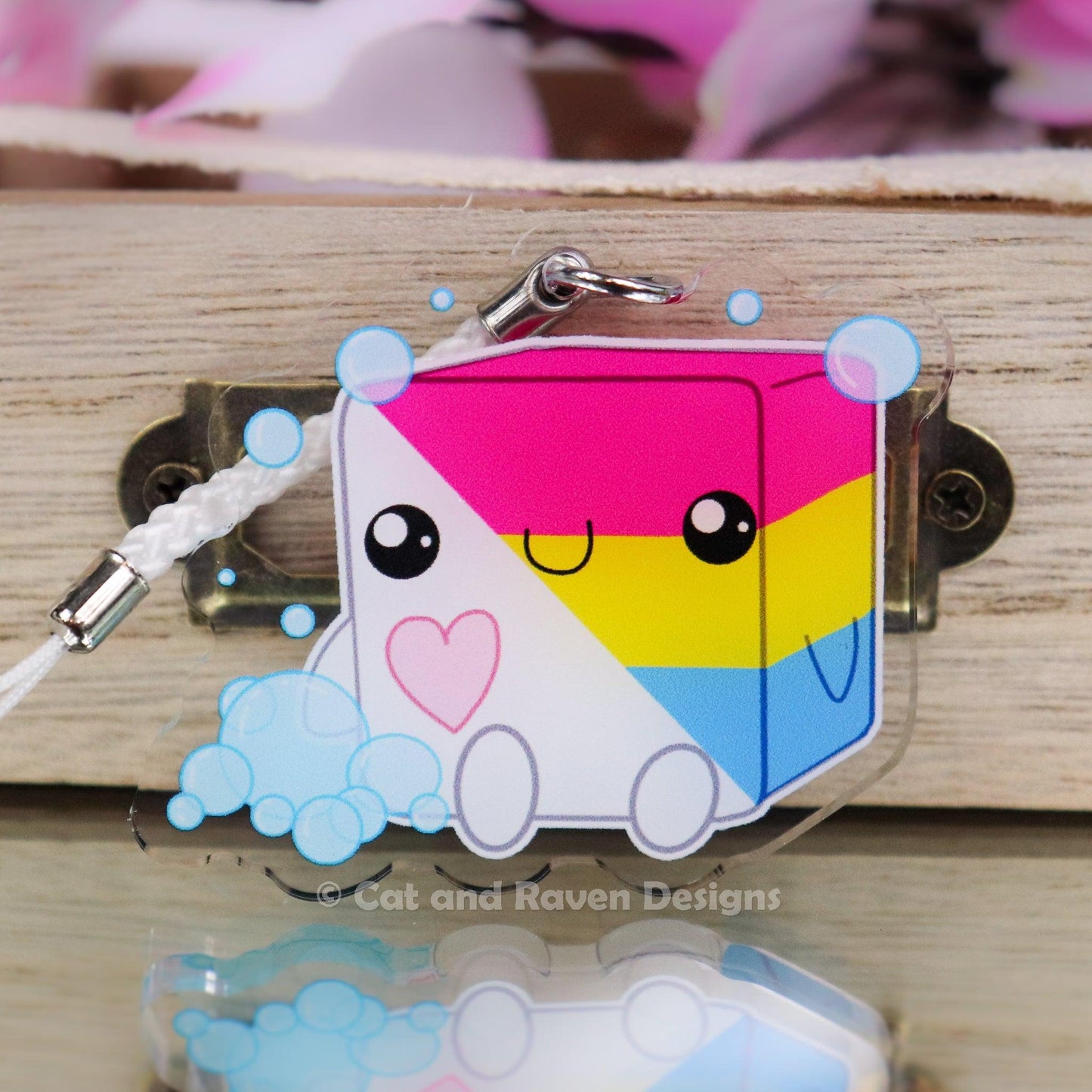 Soapy Buddy LGBTQ+ Pride Flag acrylic keychain charm Cat and Raven Designs Soap
