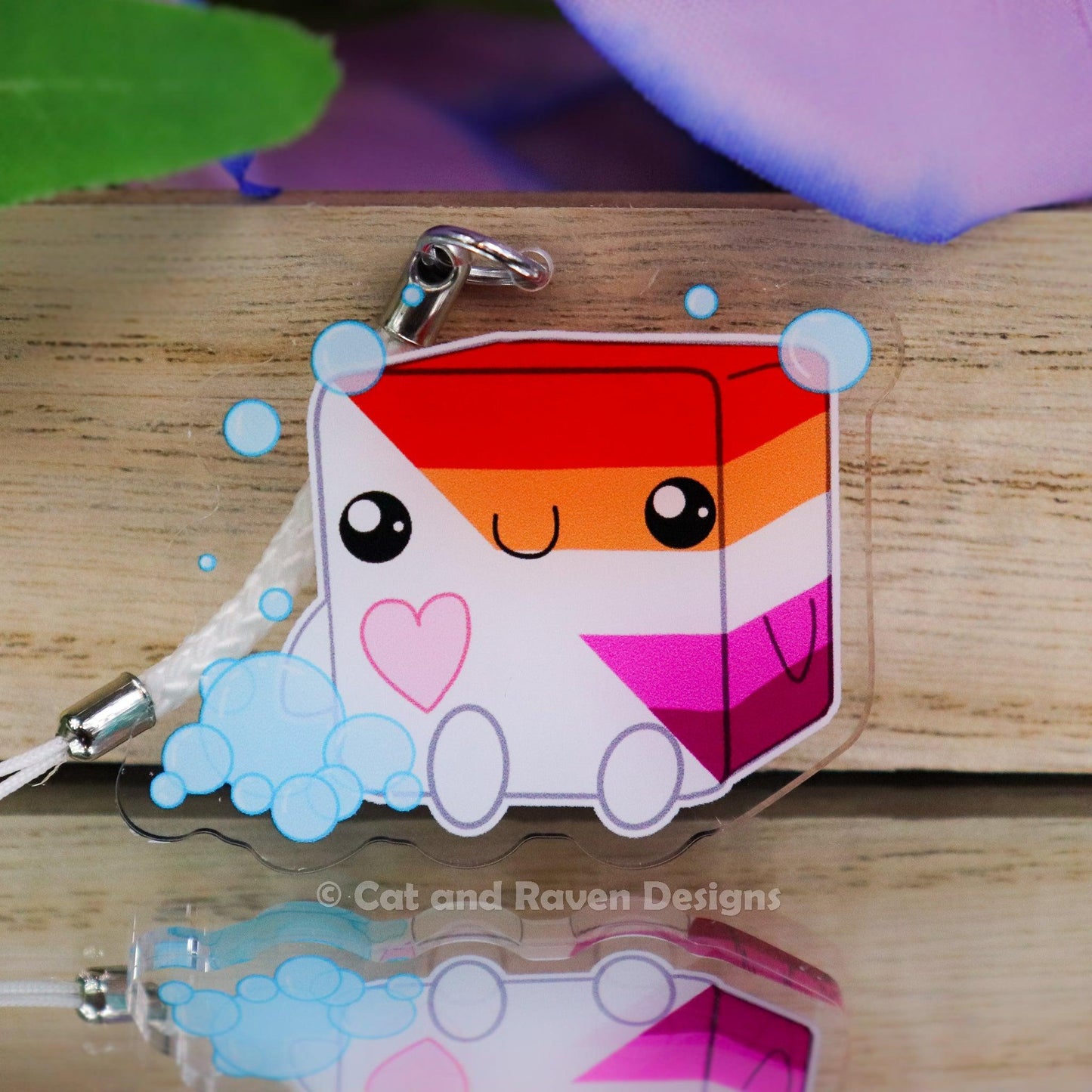 Soapy Buddy LGBTQ+ Pride Flag acrylic keychain charm Cat and Raven Designs Soap