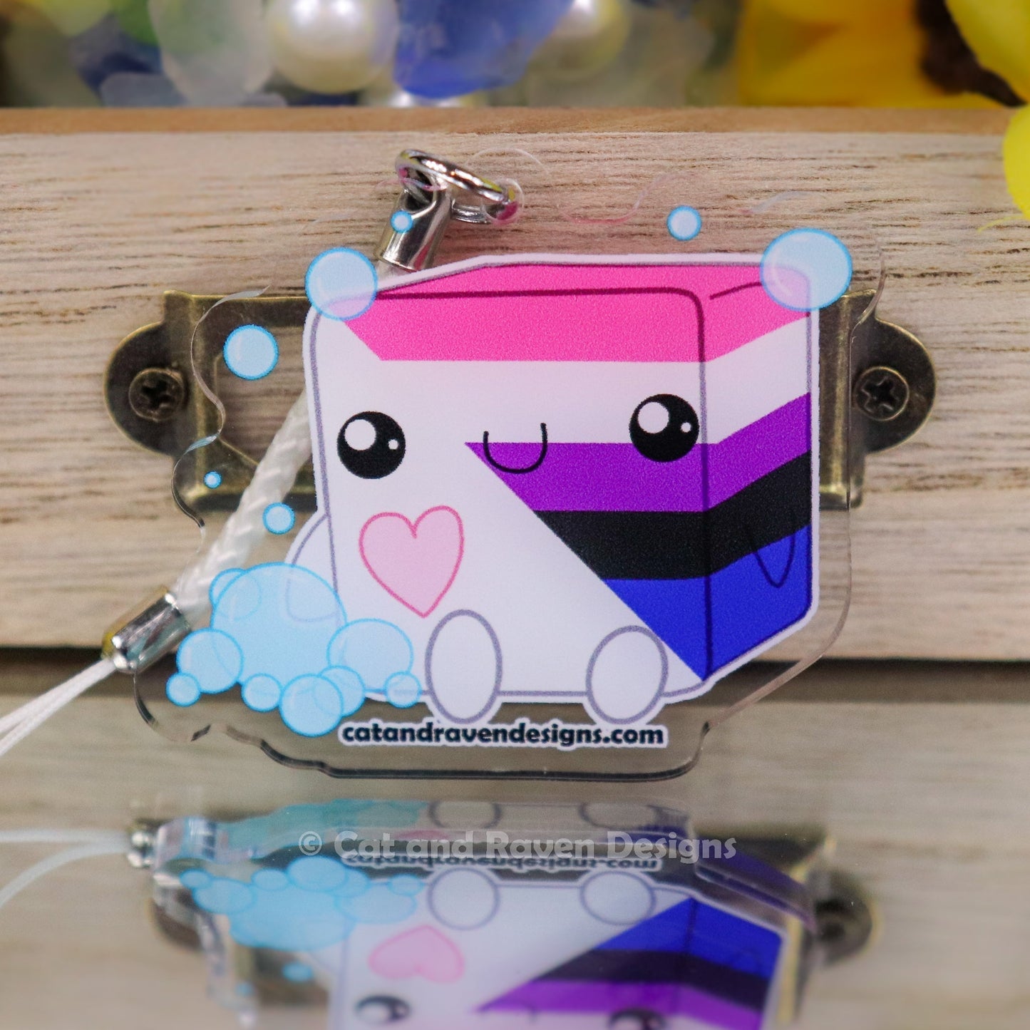 Soapy Buddy LGBTQ+ Pride Flag acrylic keychain charm Cat and Raven Designs Soap