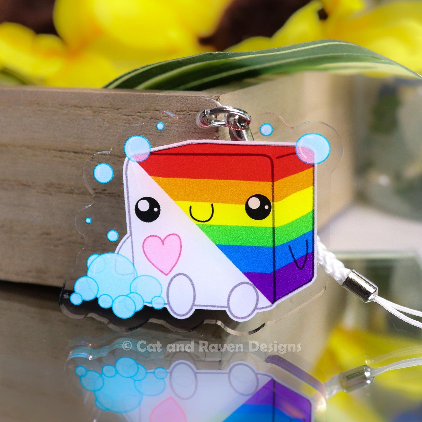 Soapy Buddy LGBTQ+ Pride Flag acrylic keychain charm Cat and Raven Designs Soap