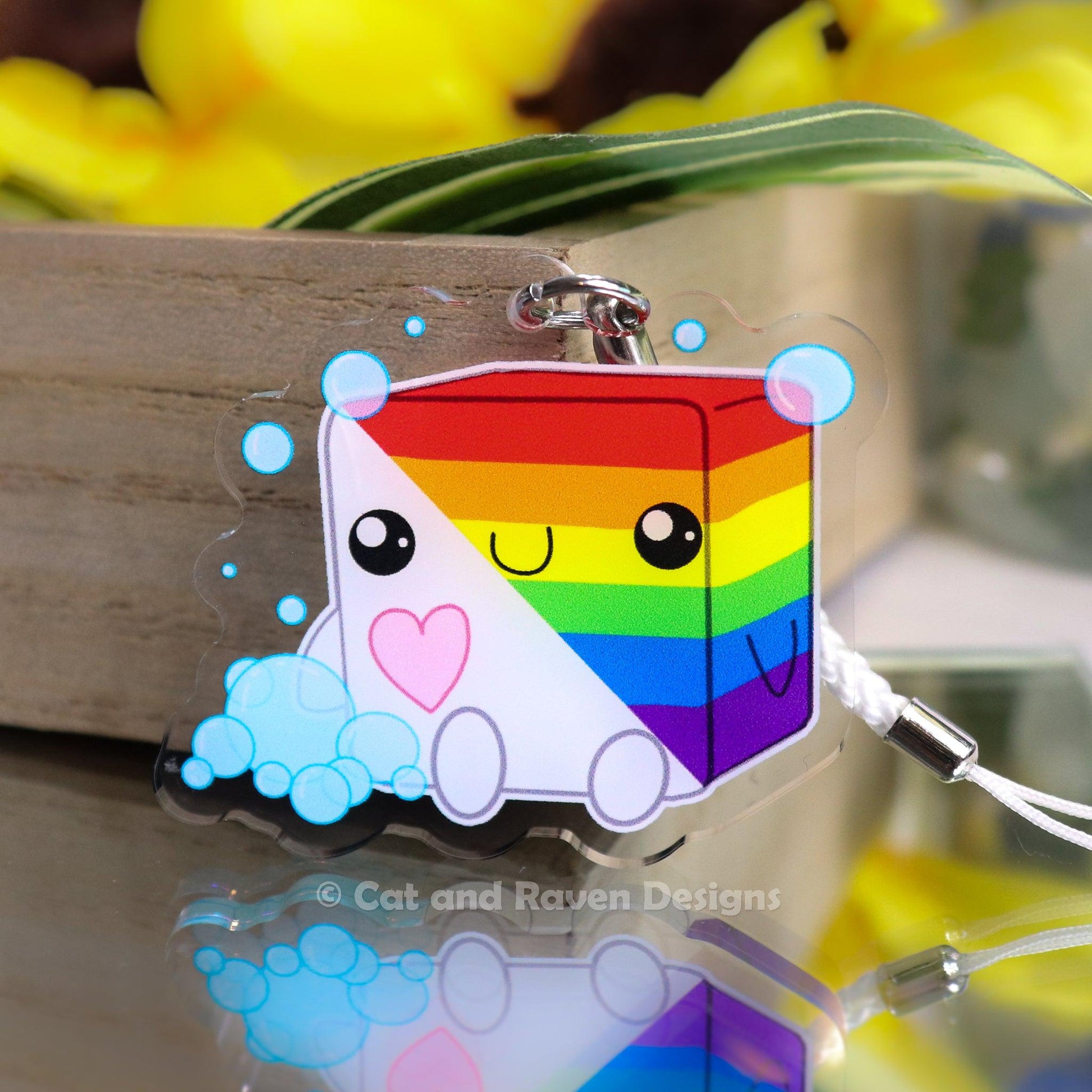 Soapy Buddy LGBTQ+ Pride Flag acrylic keychain charm Cat and Raven Designs Soap